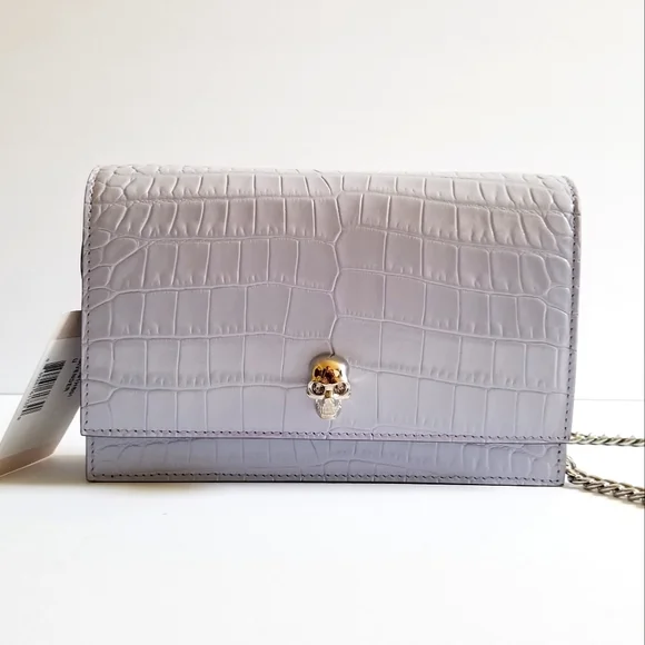Alexander McQueen Croc-Embossed Leather Skull Crossbody Bag Lavender - Picture 1 of 11